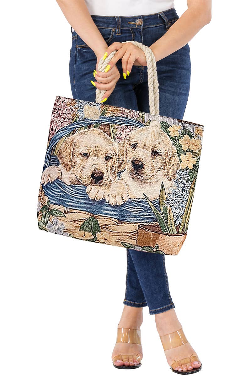 Lab Pups Duo Woven Tapestry Burlap Canvas Tote Bag