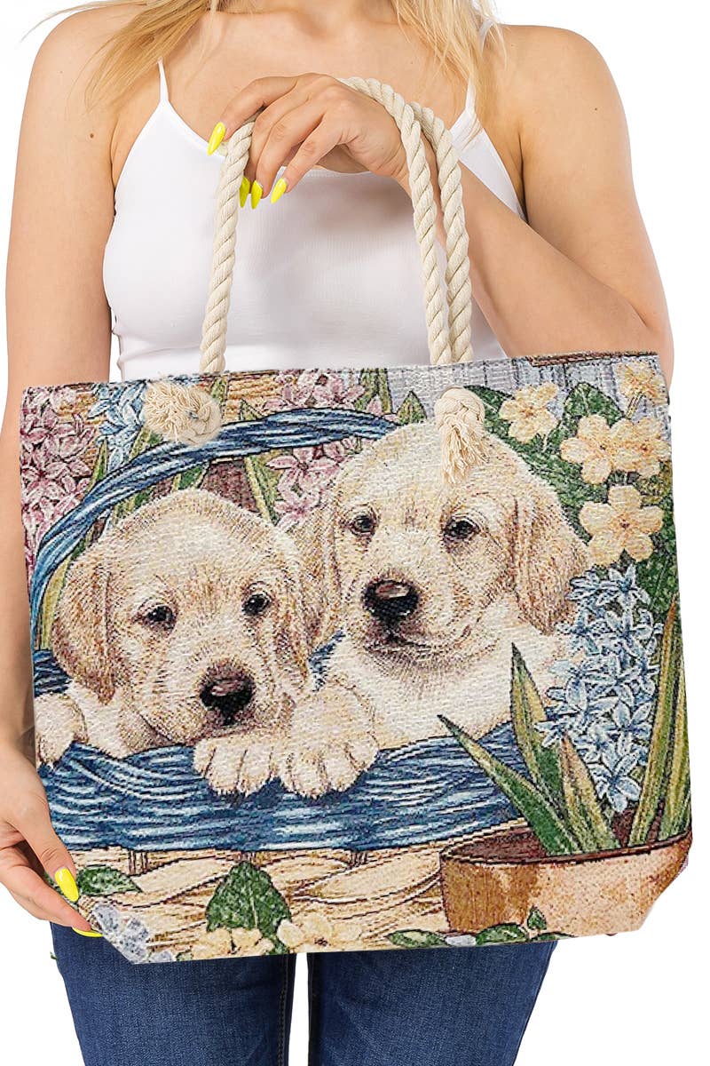Lab Pups Duo Woven Tapestry Burlap Canvas Tote Bag