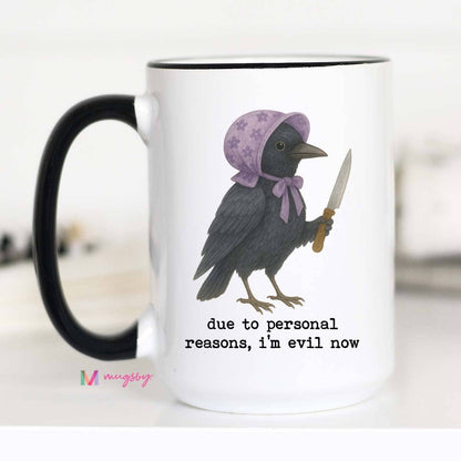 Funny Evil Crow Mug, Ceramic Coffee Mug for Gift Shops: 11oz / All white